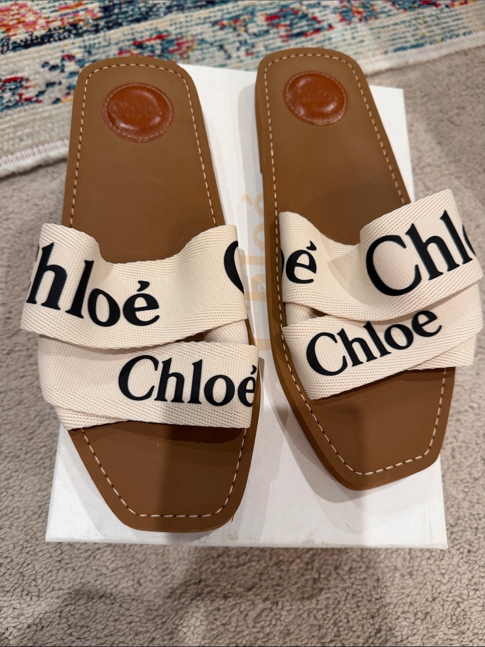 Chloé Brown Leather Slide Sandals with Cream Logo Straps